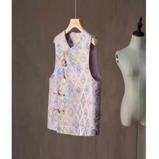 外套 开衫 一丝牵 福象福相100%桑蚕丝宋锦提花真丝马甲女斜襟无袖