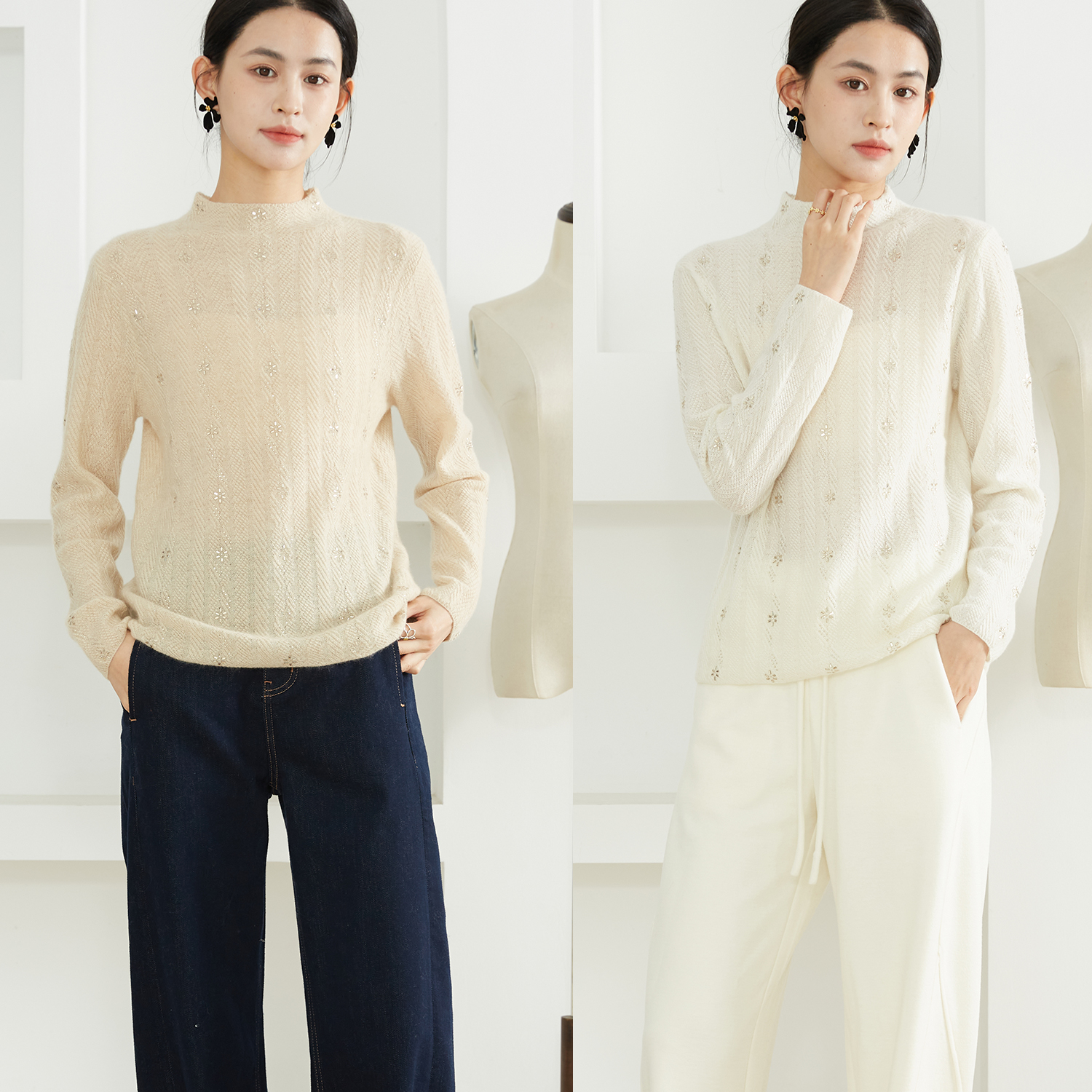 高定 100%山羊绒半高领烫钻针织衫毛衣女无缝一体气质通勤羊绒衫