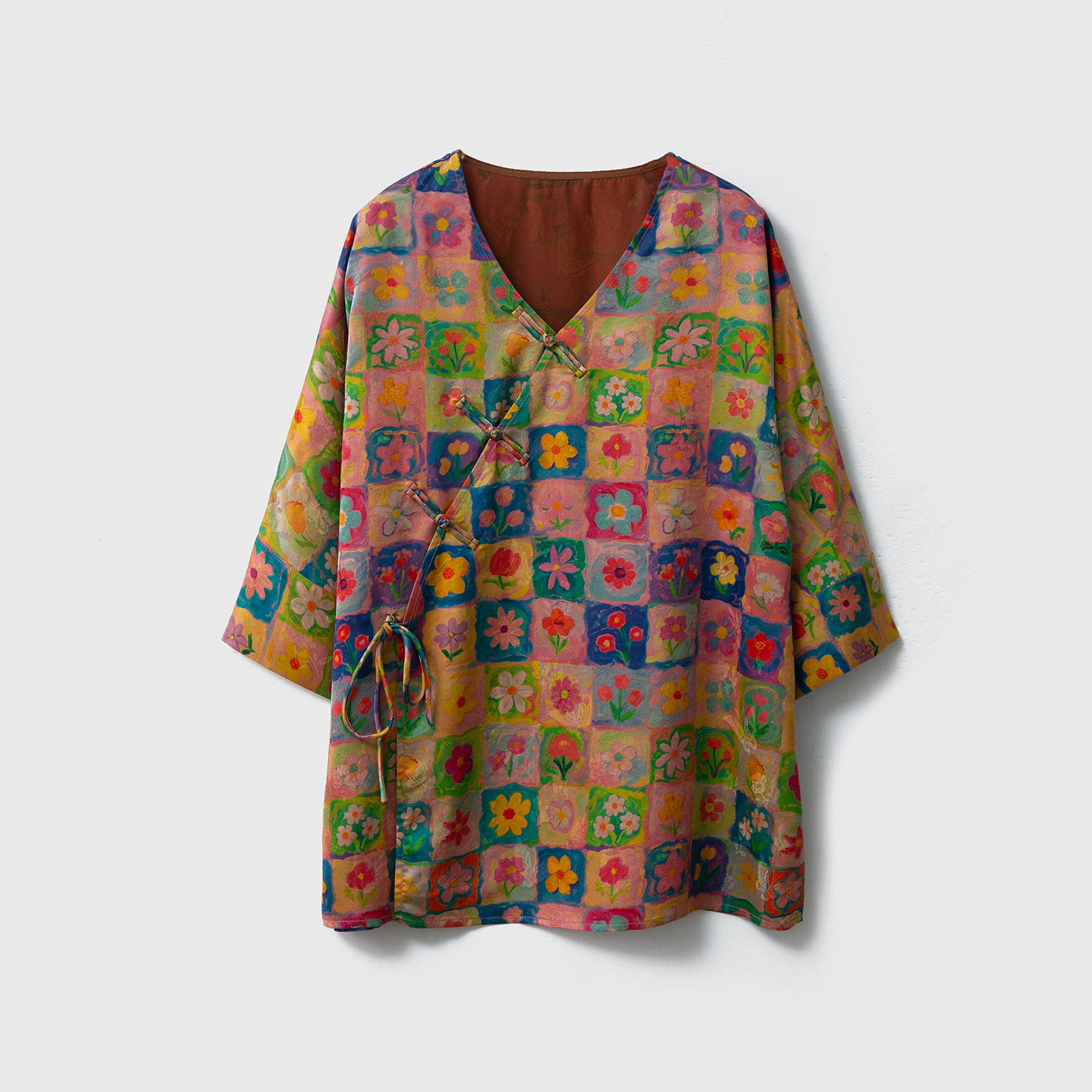 一丝牵100%桑蚕丝花萝香云纱小花朵印花真丝连袖上衣宽松长袖小衫