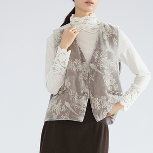 一丝牵 激光烧花真丝丝绒夹棉马甲国风V领背心马夹冬 低调老钱风