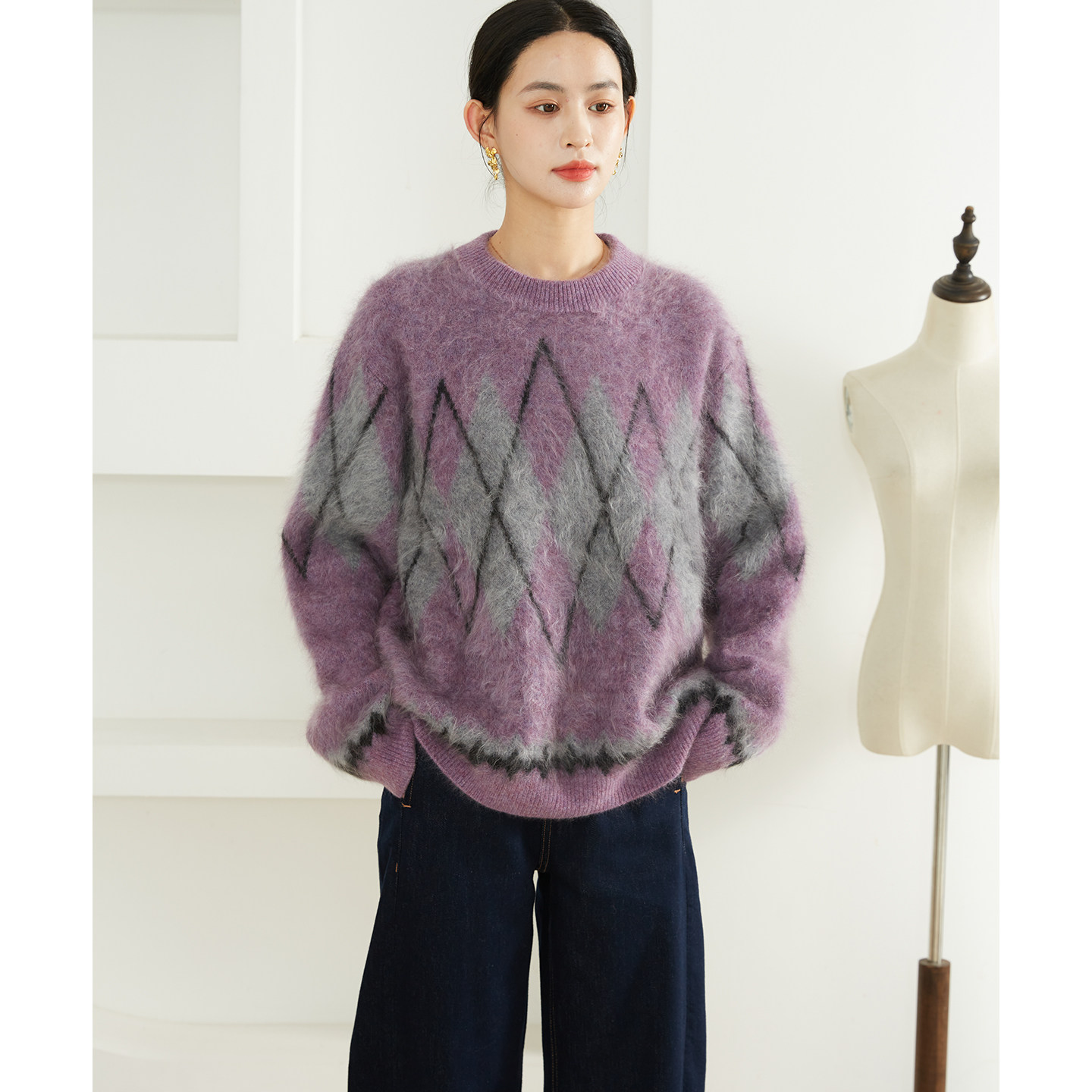 一丝牵 488G100%山羊绒拉绒皮草羊绒衫针织衫女菱格纹宽松毛衣冬,女装/女士精品,毛针织衫,淘宝优惠券,粉丝福利购,淘宝优惠卷