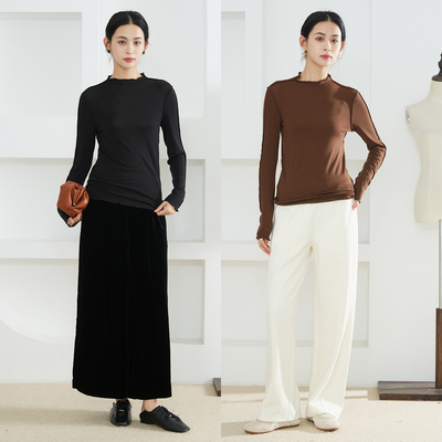 一丝牵天丝莱赛尔绵羊毛随性半高领木耳边超细针织衫女长袖打底衫