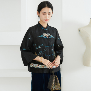 高定 上衣 重工刺绣100%桑蚕丝香云纱真丝龟纹外套女国风宽松开衫