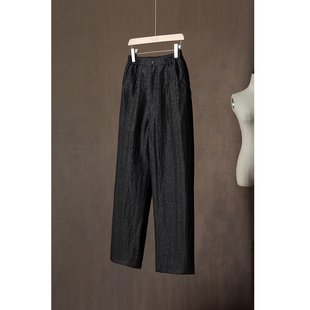 长裤 100%桑蚕丝龟裂纹真丝女松紧腰直筒阔腿裤 冬 香云纱棉裤 特惠