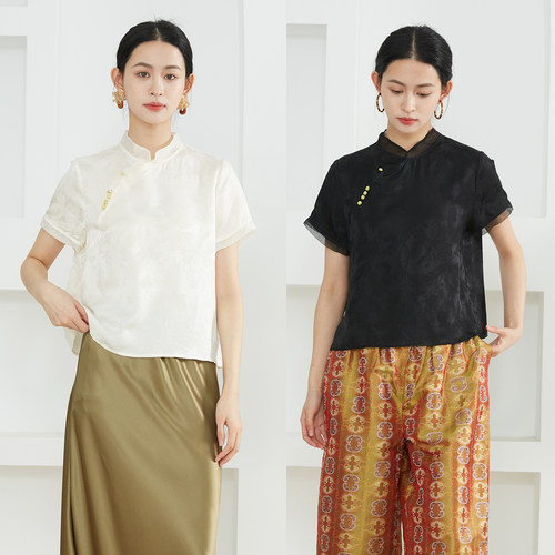 现货 欧根纱拼接短袖国风提花真丝上衣女100%桑蚕丝立领斜襟小衫