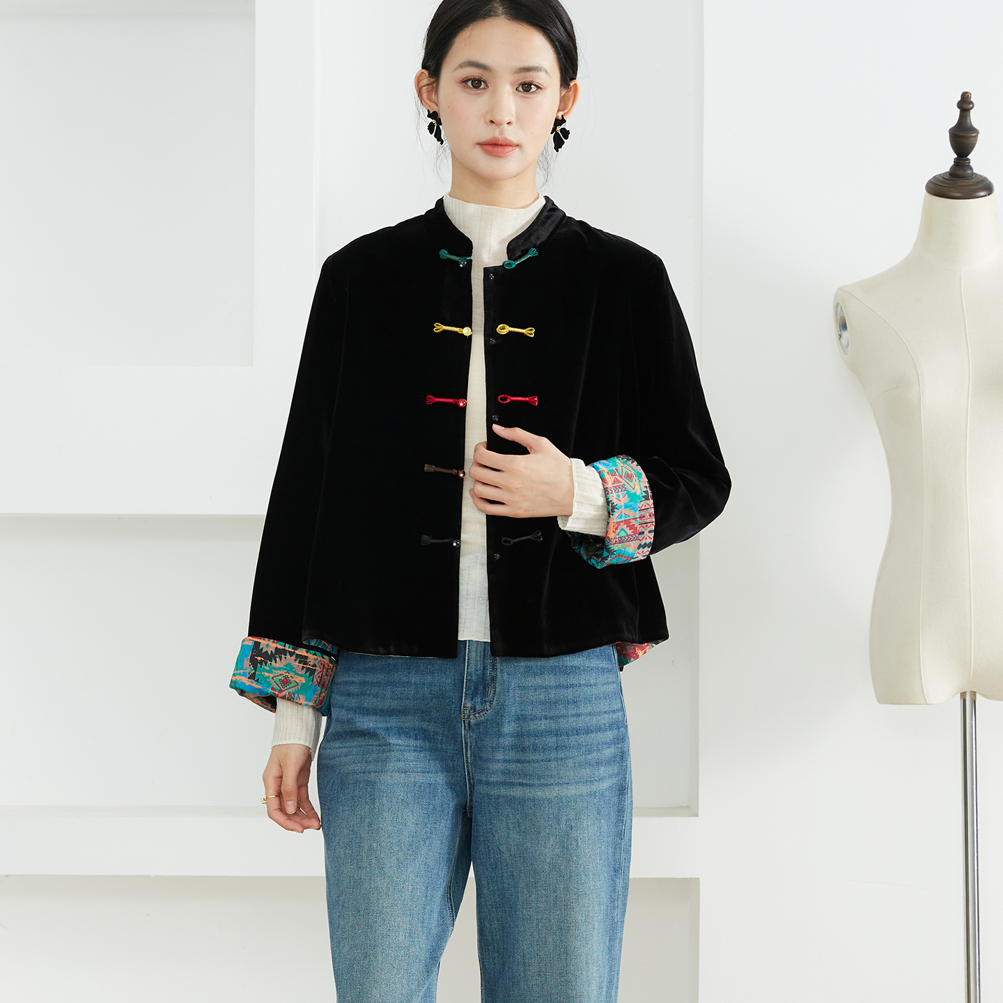 高定 双面穿彩色盘扣国风丝绒外套开衫女新中式真丝立领上衣秋