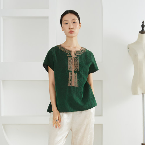 一丝牵剪刀领重工刺绣香云纱龟裂纹100%桑蚕丝真丝短袖上衣落肩袖