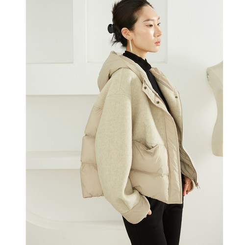 SILVIEY休闲显瘦羽绒服100羊毛连帽宽松双面呢拼接90白鸭绒外套冬