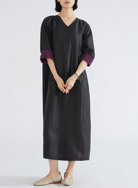 一丝牵 双面穿香云纱龟纹新中式连衣裙100桑蚕丝国风真丝V领长裙