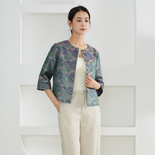 外套宽松开衫 春 100%桑蚕丝宋锦提花真丝上衣女圆领七分袖 高定