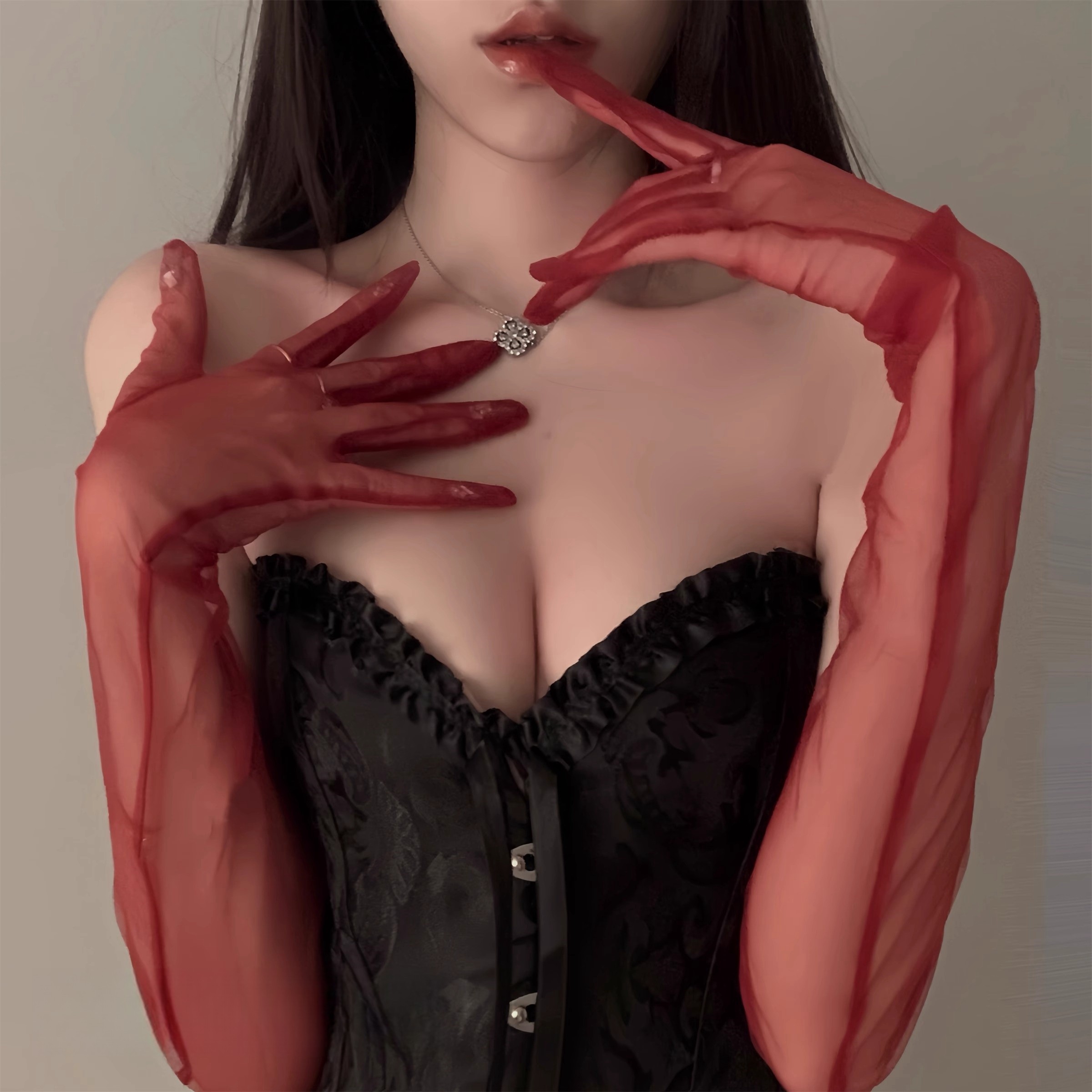 网红纯欲超薄新娘手套女性感加长透明网纱袖套新娘结婚礼服婚纱
