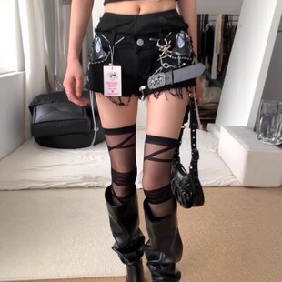 y2k哥特风绷带过膝袜女亚文化辣妹朋克纯欲JK长筒袜性感黑丝袜薄