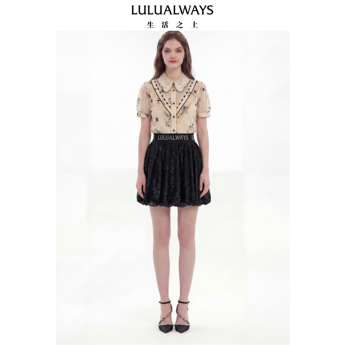 LULUALWAYS【商场同款】26夏季新款法式甜美绣花衬衫娃娃领上衣