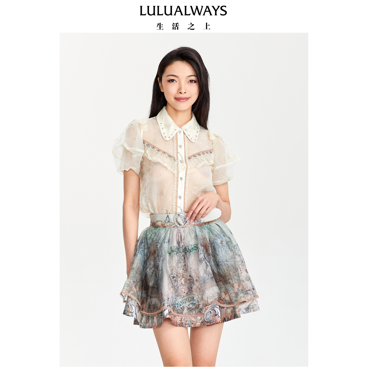 【商场同款】LULUALWAYS夏季新款淑女风娃娃领泡泡袖蕾丝上衣