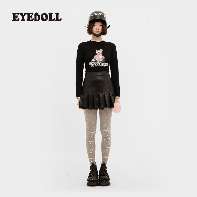 EYEDOLL 秋季复古黑色圆领猫咪针织绣修身针织衫羊毛长袖T恤上衣