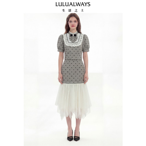 LULUALWAYS【商场同款】26春季新款法式甜美蕾丝蝴蝶结泡泡袖上衣