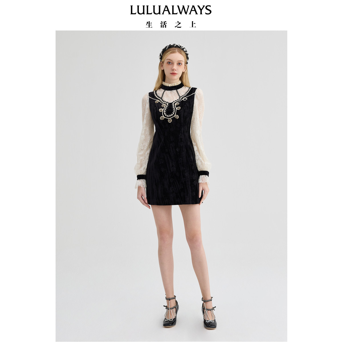 LULUALWAYS【商场同款】冬季新款优雅暗纹压花丝绒短款连衣裙女
