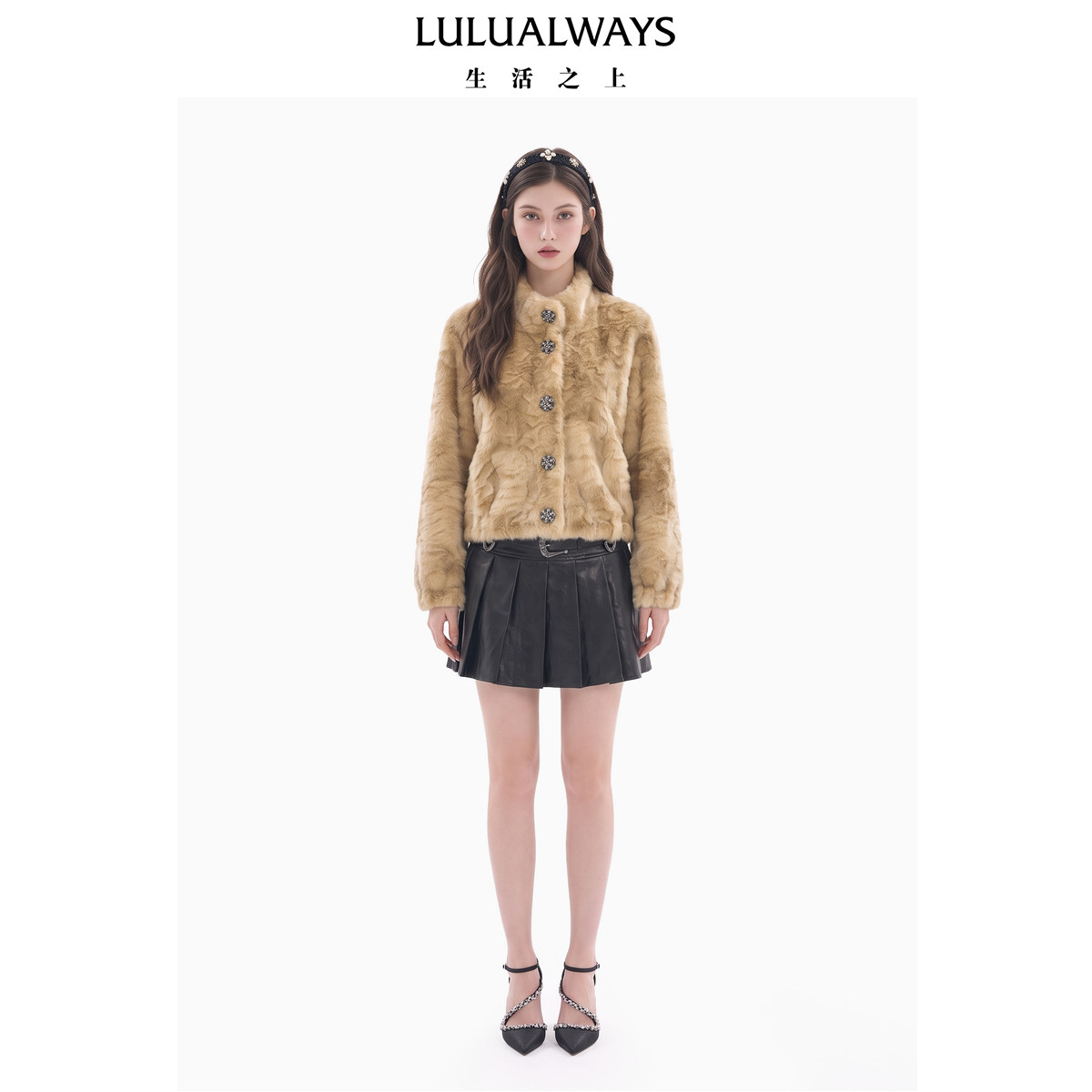 LULUALWAYS【商场同款】26秋季新款甜酷机车腰带百褶羊皮革半身裙