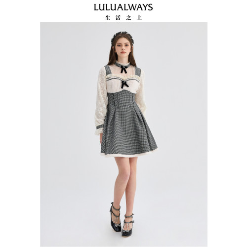 LULUALWAYS我爱露露冬季新款复古优雅经典千鸟格蕾丝拼接连衣裙