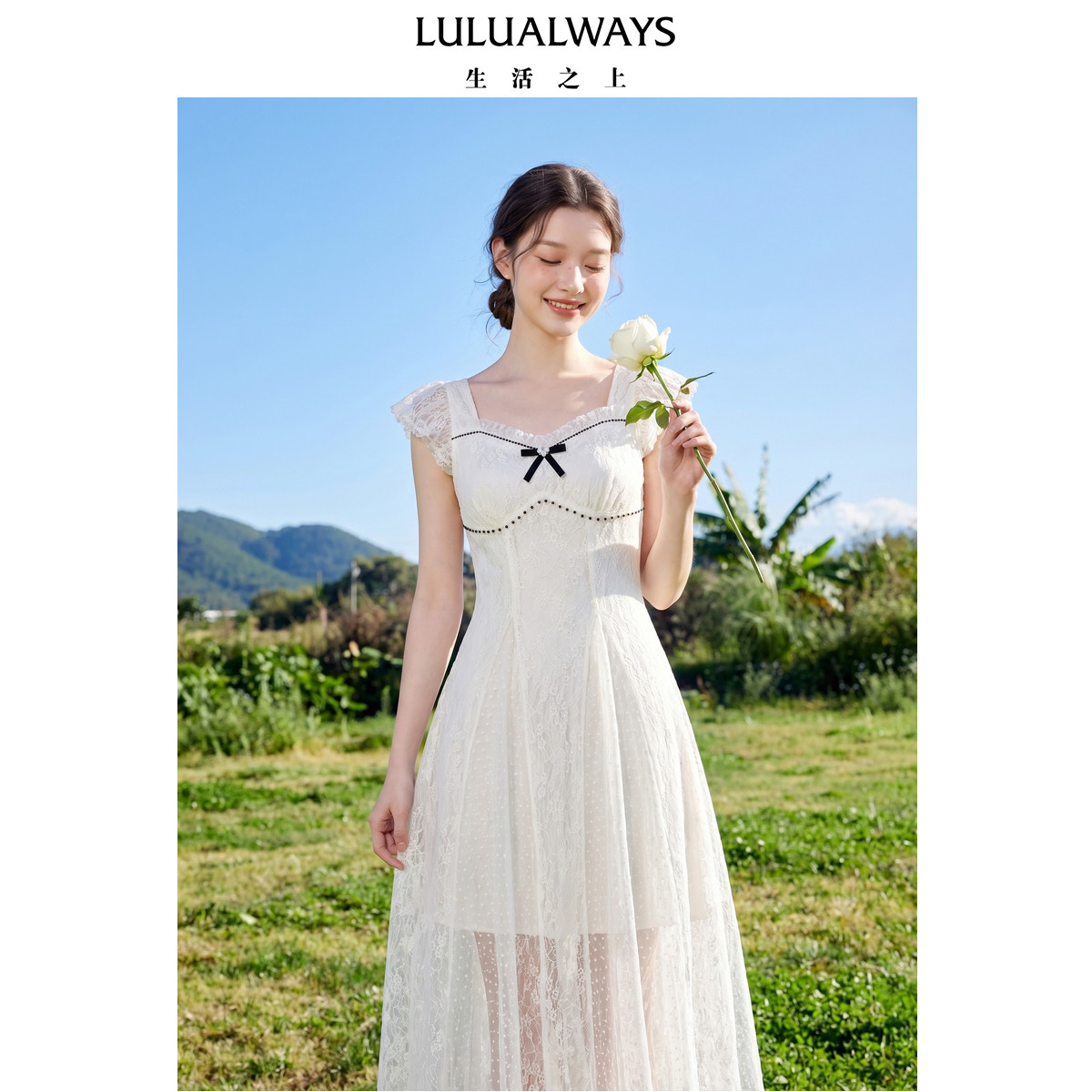 LULUALWAYS我爱露露26夏季新款法式名媛千金风温柔显瘦白色连衣裙
