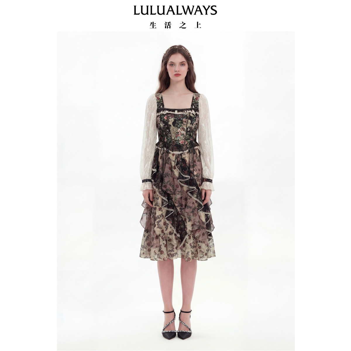 LULUALWAYS【商场同款】26春季新款法式浪漫雪纺荷叶边拼接连衣裙