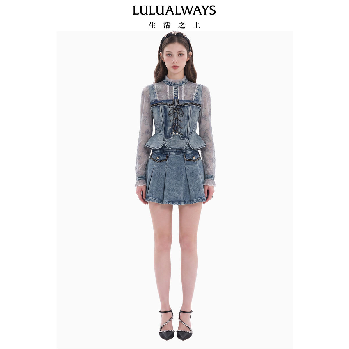 LULUALWAYS【商场同款】26秋季新款牛仔拼接网纱长袖绑带收腰上衣