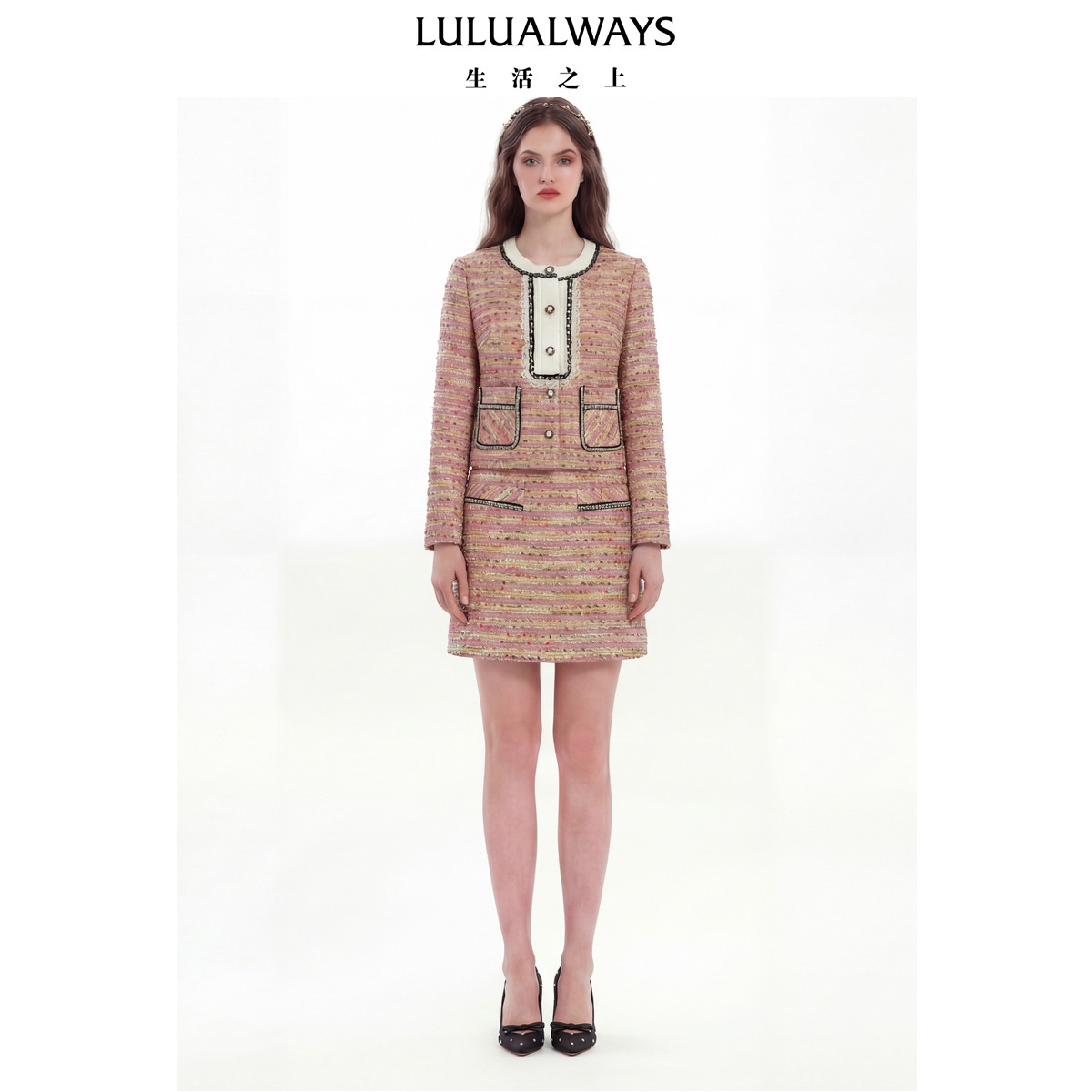 LULUALWAYS【孙雪宁同款】26春季新款复古风优雅小香风粗花呢外套