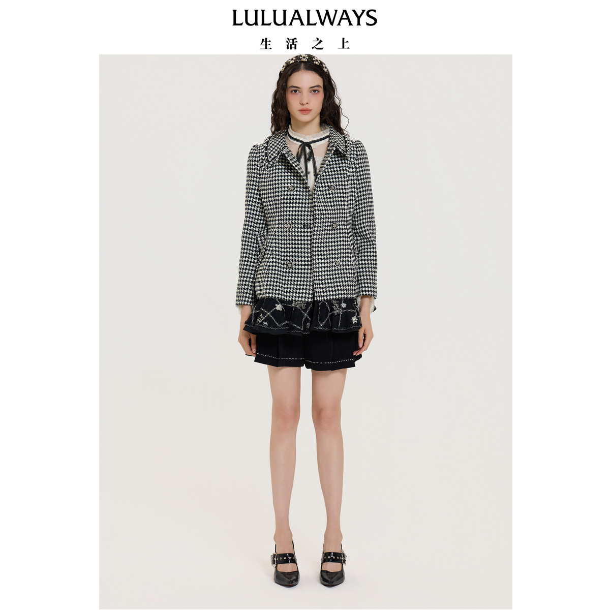 LULUALWAYS【商场同款】25秋季复古优雅翻领千鸟格中长款外套