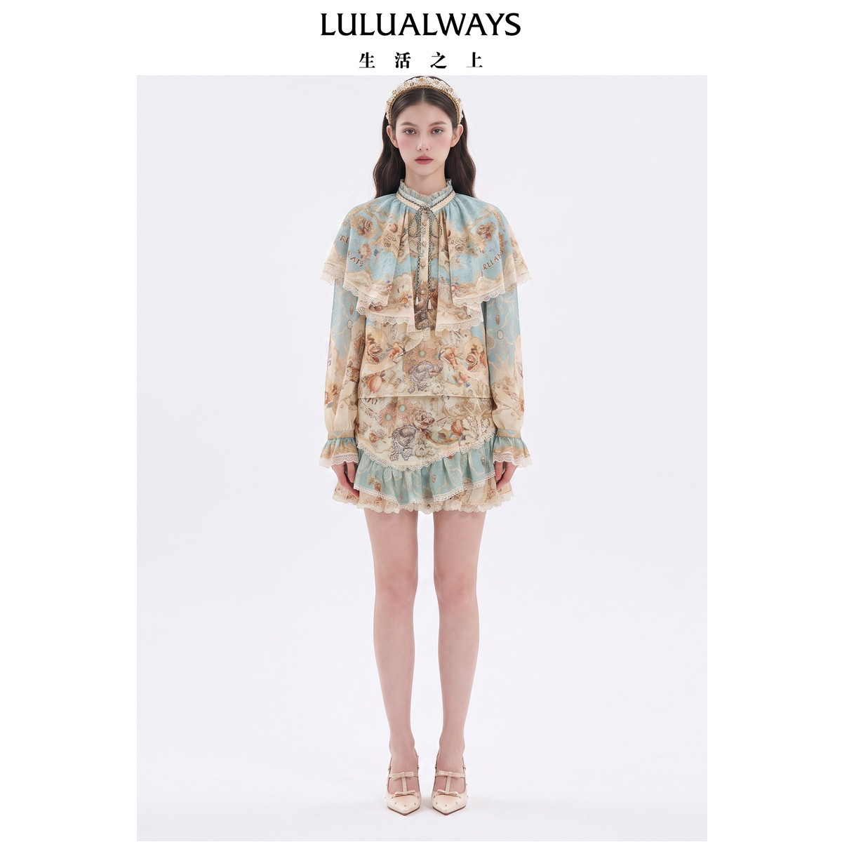 LULUALWAYS【商场同款】26秋季新款法式宫廷复古雪纺蕾丝宽松上衣