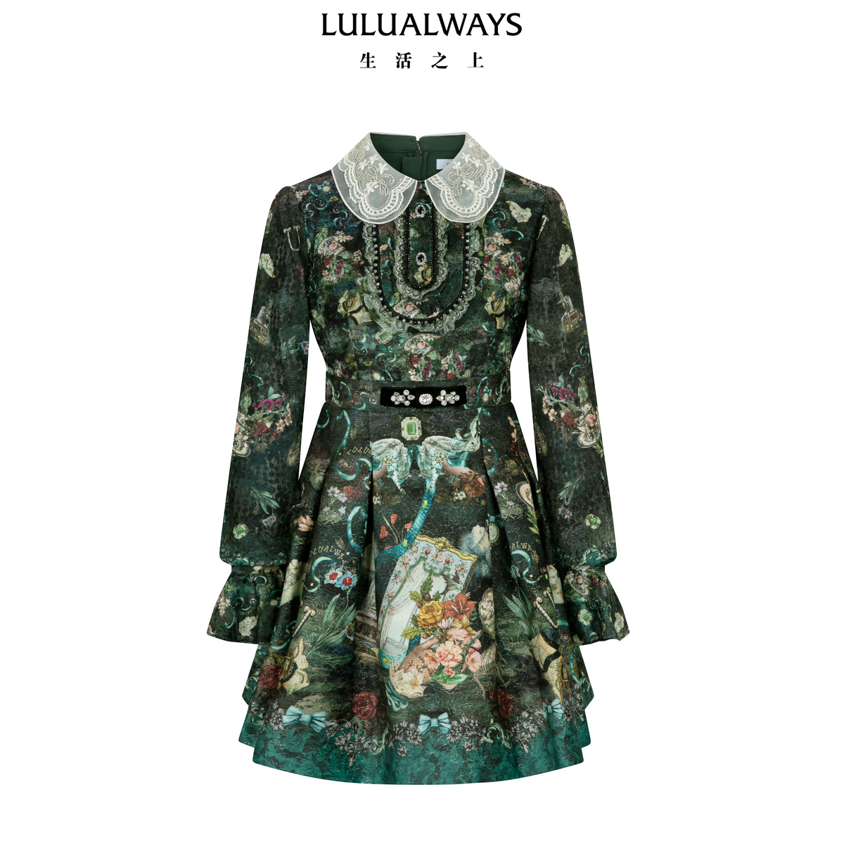 LULUALWAYS【商场同款】25冬季新款法式浪漫收腰提花娃娃领连衣裙