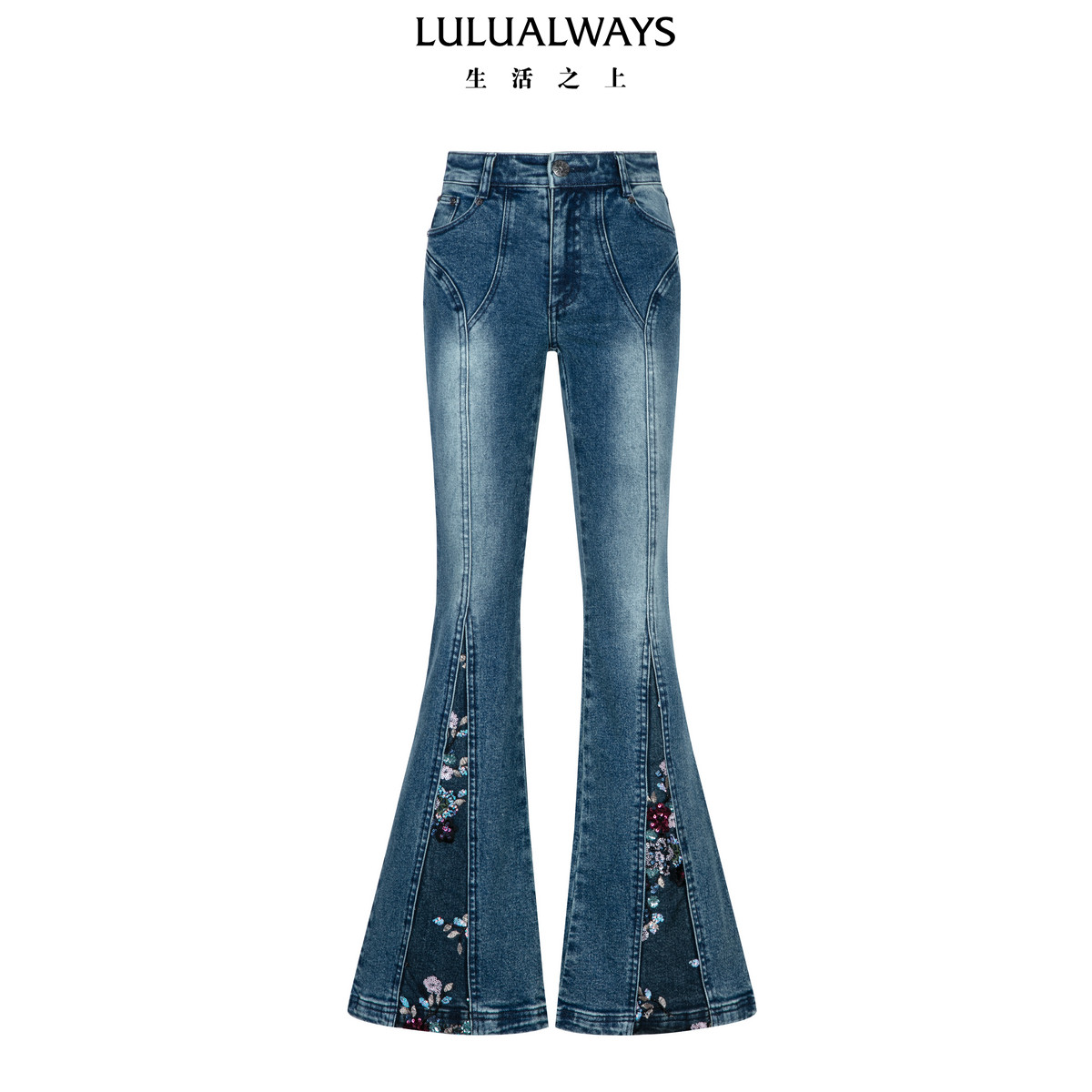 LULUALWAYS【商场同款】26春季新款复古蓝色花卉装饰微喇牛仔裤女