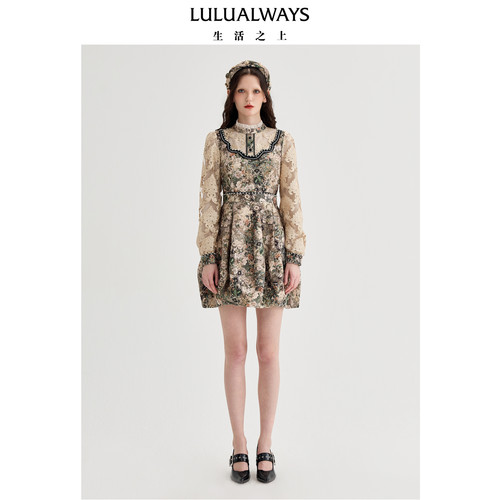 LULUALWAYS【商场同款】冬季新款复古典雅气质提花短款连衣裙女