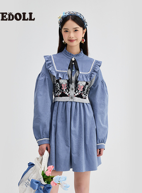 EYEDOLL 复古法式休闲提花立领蝴蝶结别针褶皱修身连衣长裙女