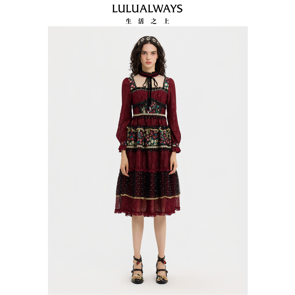 LULUALWAYS【商场同款】冬季新款复古宫廷风蛋糕裙长款连衣裙女