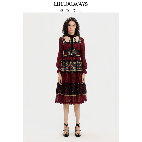 LULUALWAYS【商场同款】冬季新款复古宫廷风蛋糕裙长款连衣裙女