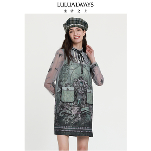 LULUALWAYS我爱露露新款复古宫廷风直筒宽松提花连衣裙