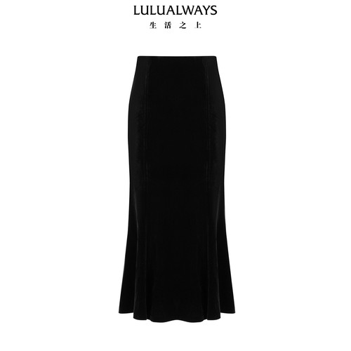 LULUALWAYS【商场同款】冬季新款复古优雅黑色丝绒鱼尾长半身裙