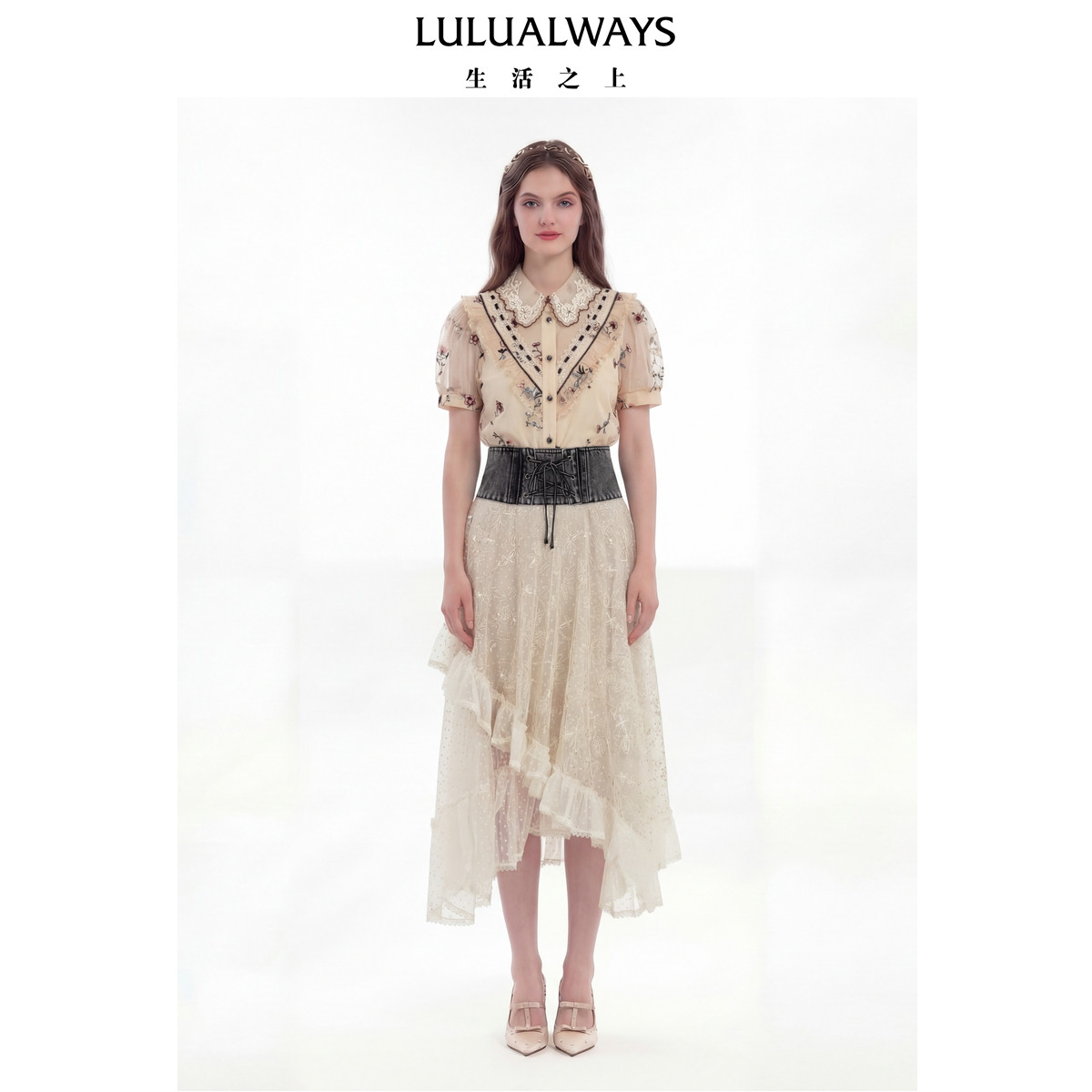 LULUALWAYS【商场同款】26夏季新款甜美蕾丝网纱拼接牛仔半身裙