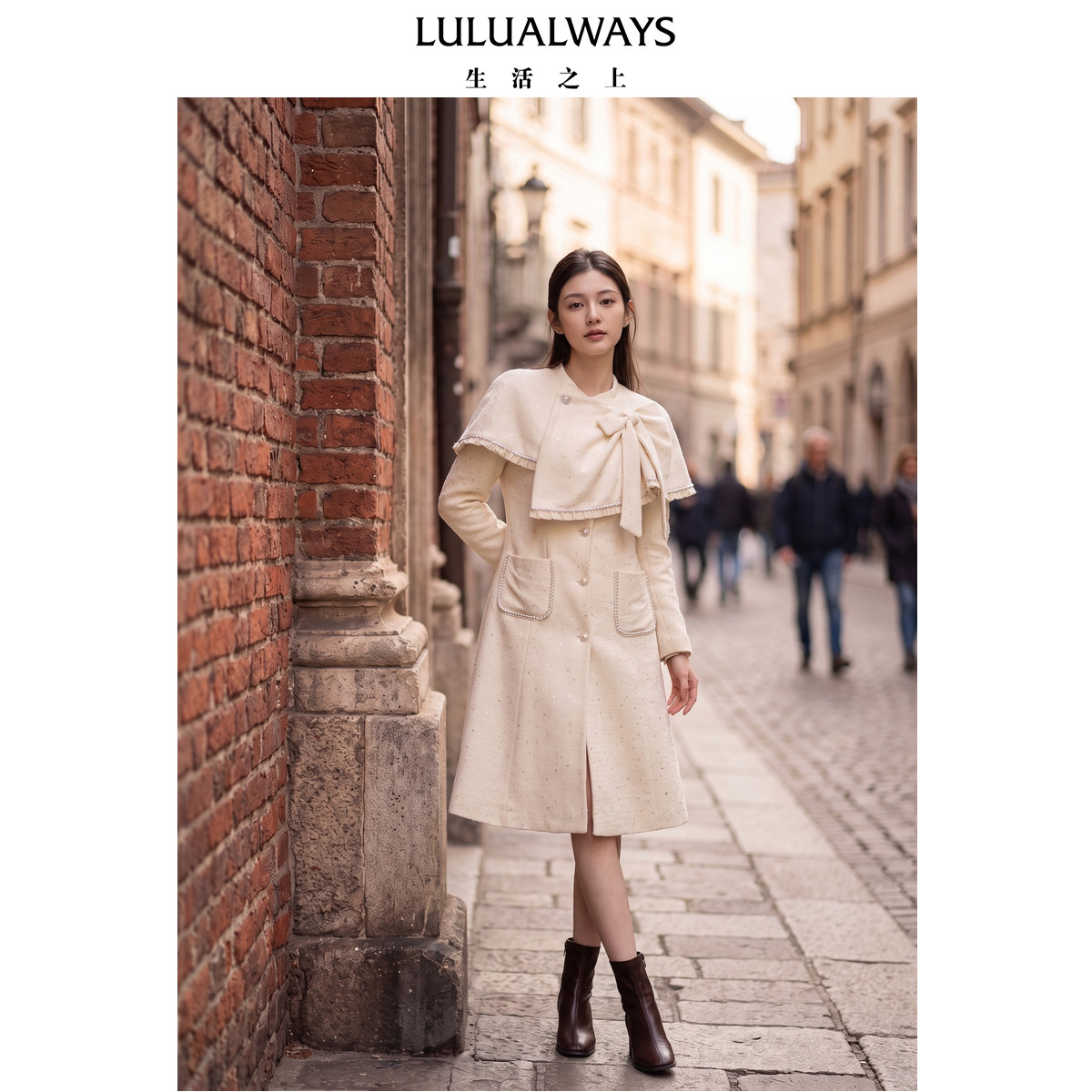 LULUALWAYS我爱露露26冬季新款温柔千金米白收腰斗篷可拆卸领大衣