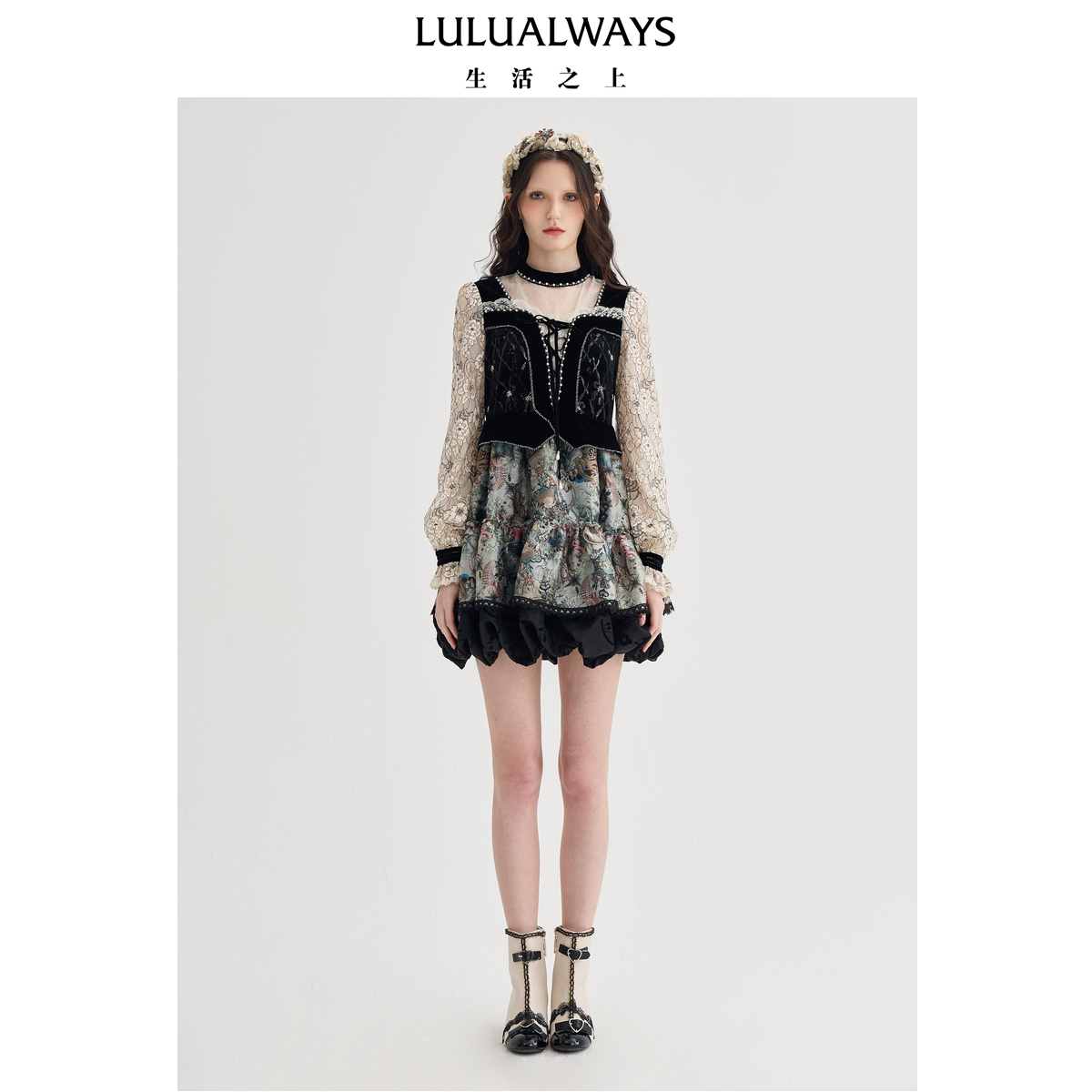 LULUALWAYS【商场同款】25春季新款复古宫廷风提花蕾丝拼接连衣裙