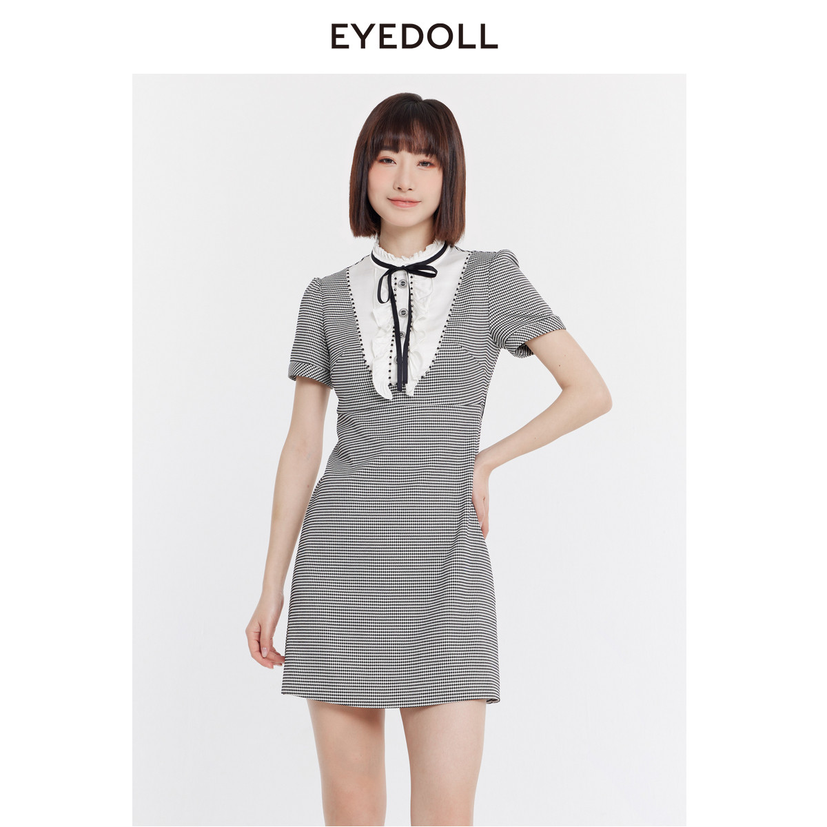 EYEDOLL夏季航海优雅气质端庄通勤格子拼接连衣裙