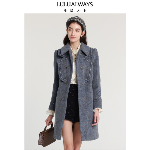 LULUALWAYS我爱露露经典复古感双排扣翻领毛呢大衣
