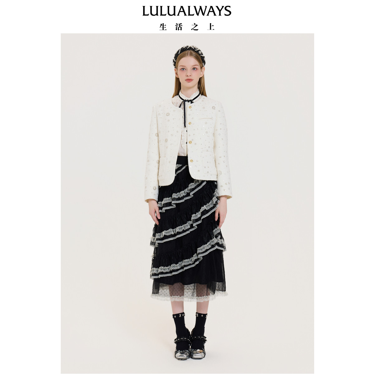 LULUALWAYS我爱露露冬季新款气质优雅小香风亮片短款白色羽绒服
