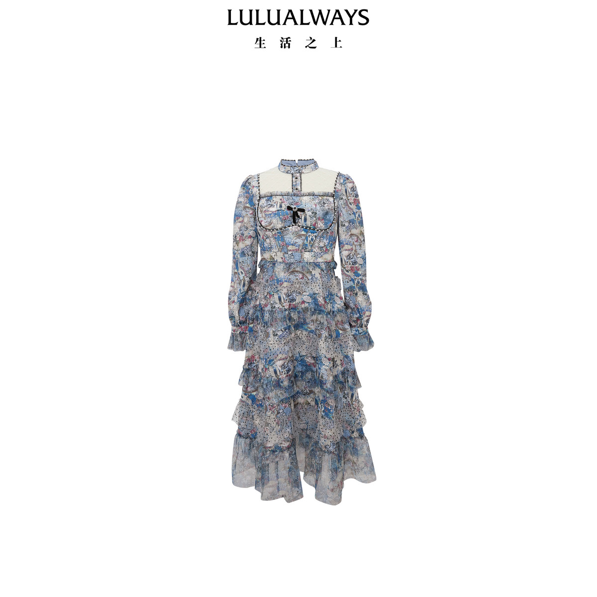 LULUALWAYS【商场同款】法式浪漫印花网纱蛋糕连衣裙女