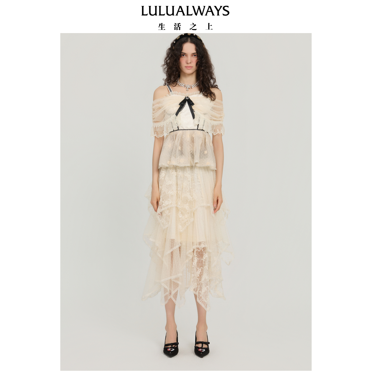 LULUALWAYS【商场同款】25秋季新款法式浪漫优雅吊带网纱蕾丝上衣