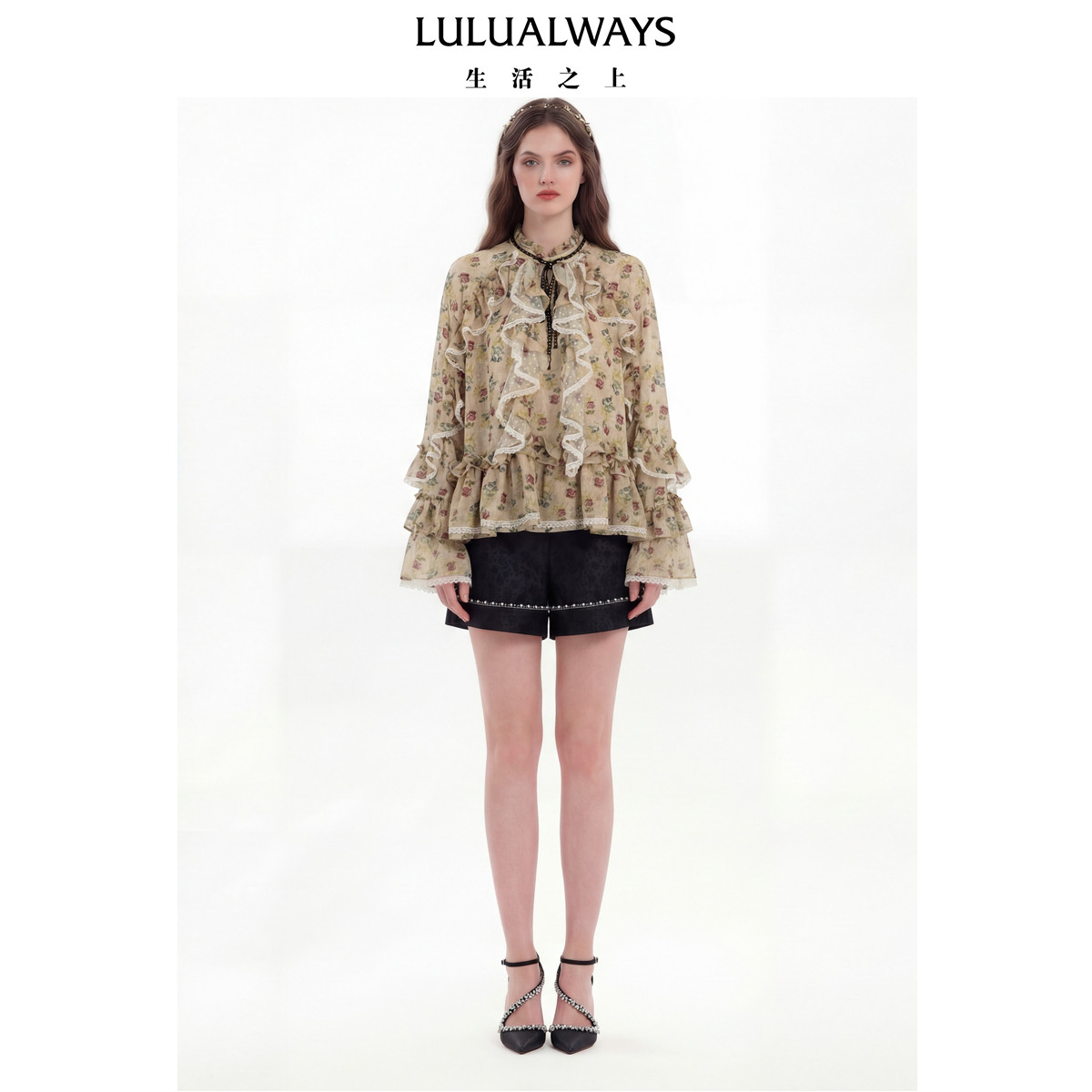 LULUALWAYS【商场同款】26春季新款复古田园荷叶边雪纺喇叭袖上衣