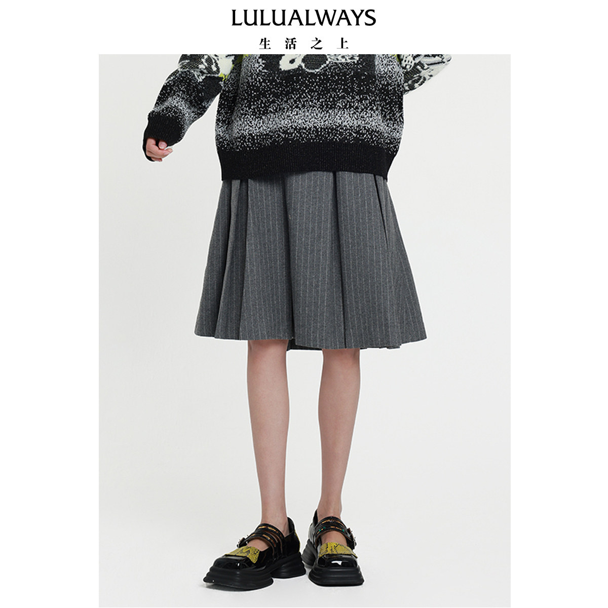 LULUALWAYS我爱露露新款时尚高腰灰色竖条纹百褶长半裙