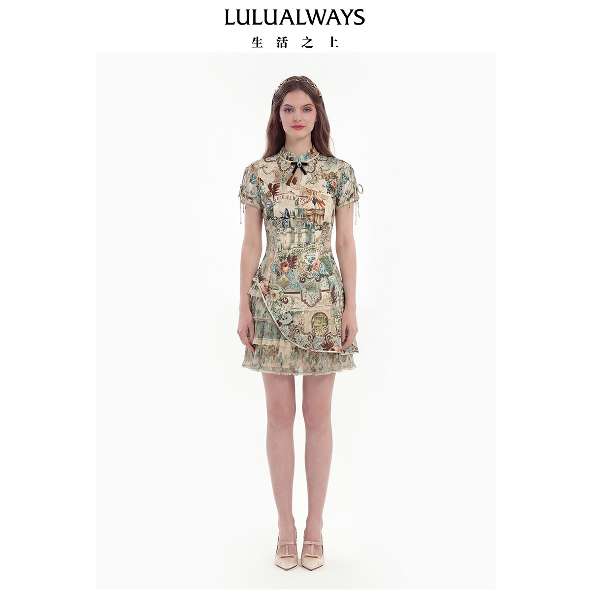 LULUALWAYS【商场同款】26夏季新款新中式蕾丝百褶拼接旗袍连衣裙