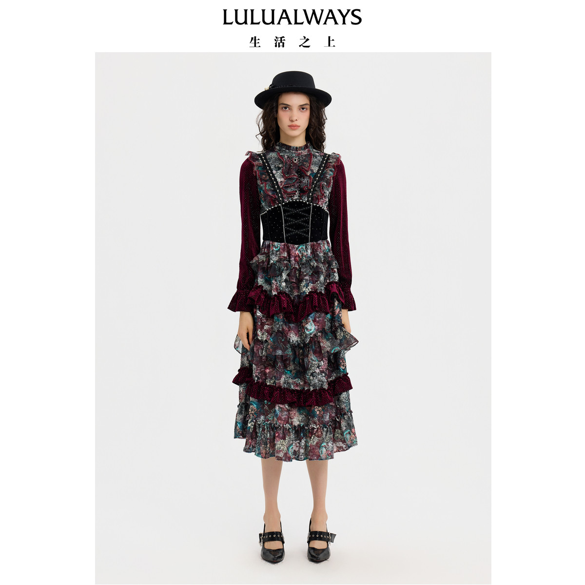LULUALWAYS【商场同款】25冬季新款法式宫廷风荷叶边收腰长连衣裙