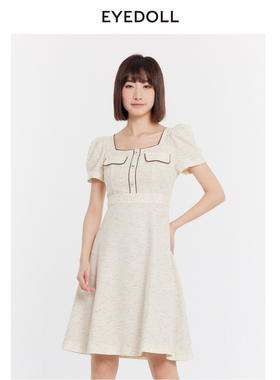 EYEDOLL夏季新款优雅时尚洋气方口领短款连衣裙